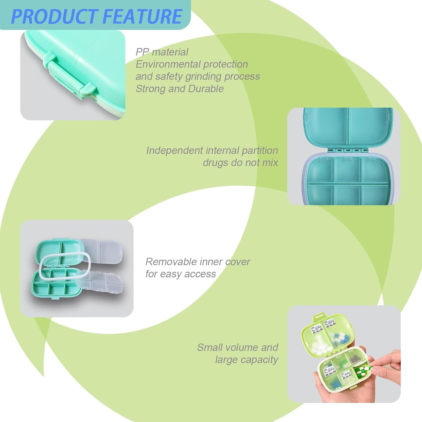 2-Pack 8-Compartment Travel Pill Organizer & Daily Pill Box | Leak-Proof Portable Medicine Container with 81 Replaceable Labels | Compact for Home, Office, Travel (Blue & Green)