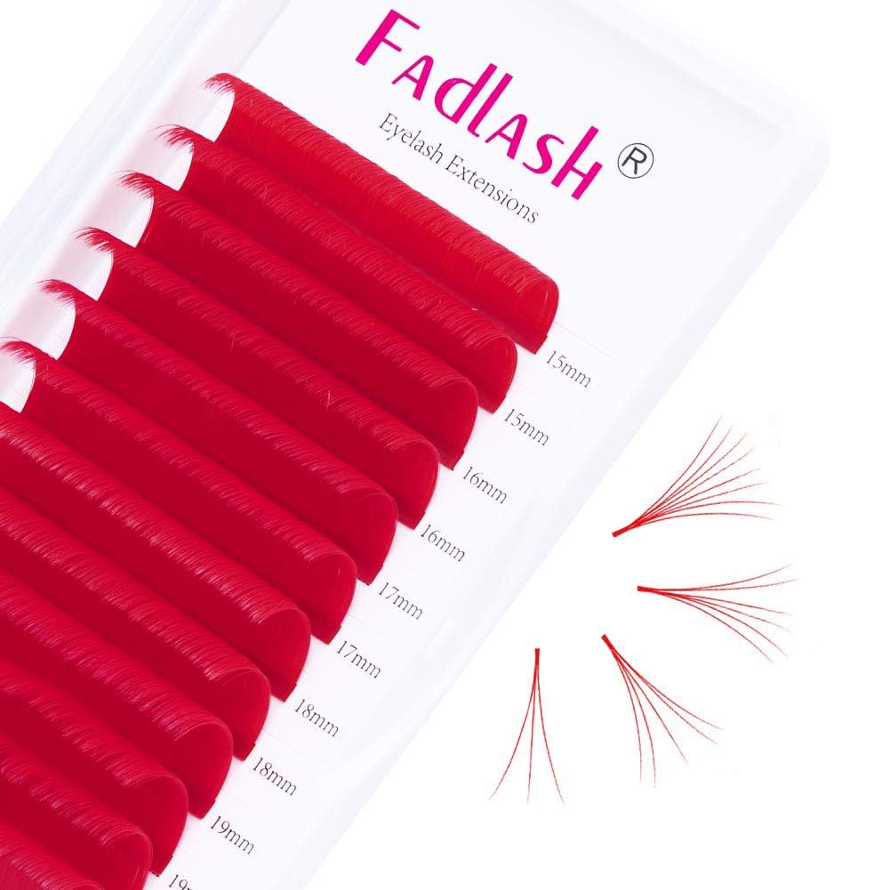 FADLASH Colored Easy Fan Eyelash Extension D Curl 0.07mm Easy Fan Volume Lashes Red Easy Fan Lash Extensions Self Fanning Lashes 15-20mm