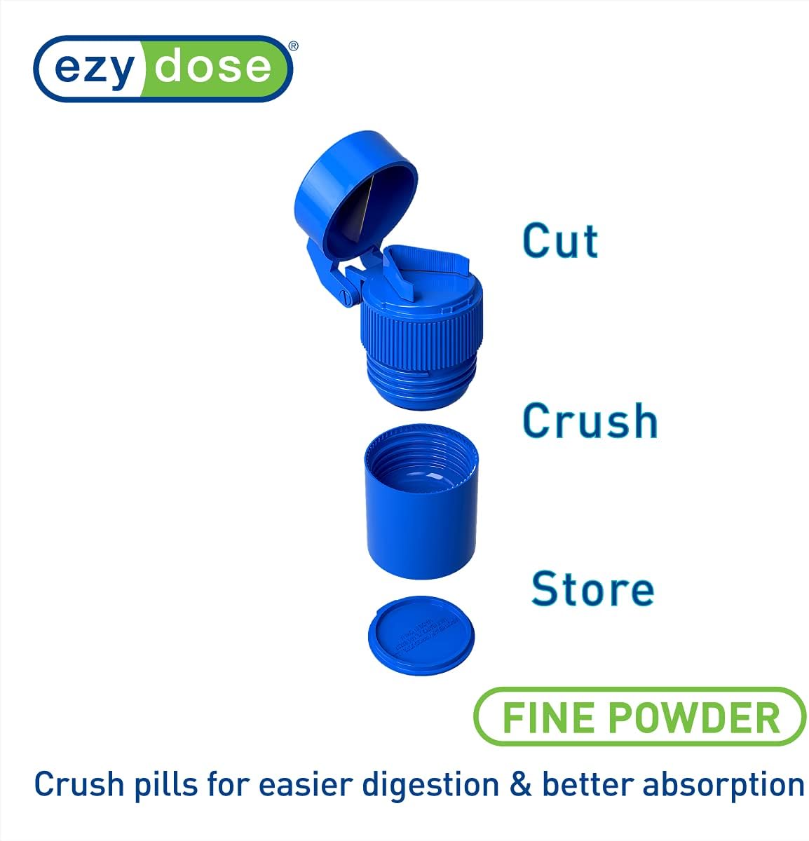 EZY DOSE 3 Compartment Pill Crusher, Cutter and Grinder, Daily Usage, Safely Cut Pills, Vitamins, Tablets, Accurate and Easy Cutting, Stainless Steel Blade, Removable Drinking Cup, Blue, BPA Free