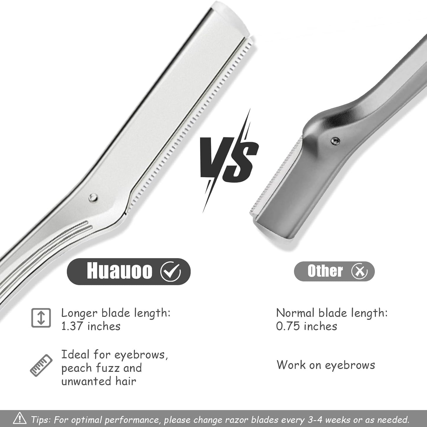 Dermaplane Razor for Women Face, Stainless Steel Handle with 6 Replaceable Blades, Huauoo Face Razors for Women, Peach Fuzz Remover, Eyebrow Trimmer, Dermaplaning Tool for Face Exfoliation (Silver)