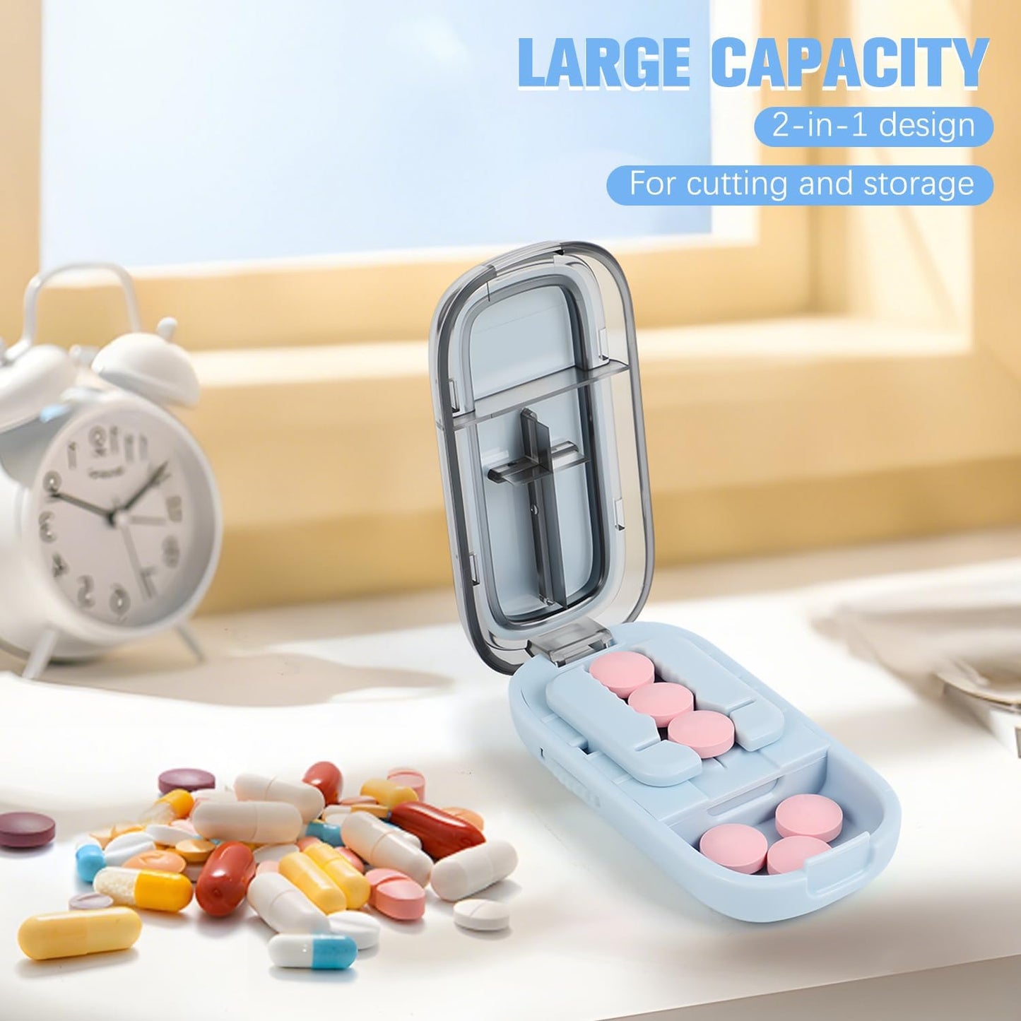 Pill Cutter Splitter for Small and Tiny,Echu Pill Cutter,1/2 & 1/4 Adjustable Pills Splitter with Centering Device for Cutting Multiple Pills,Easy to Use (Blue)