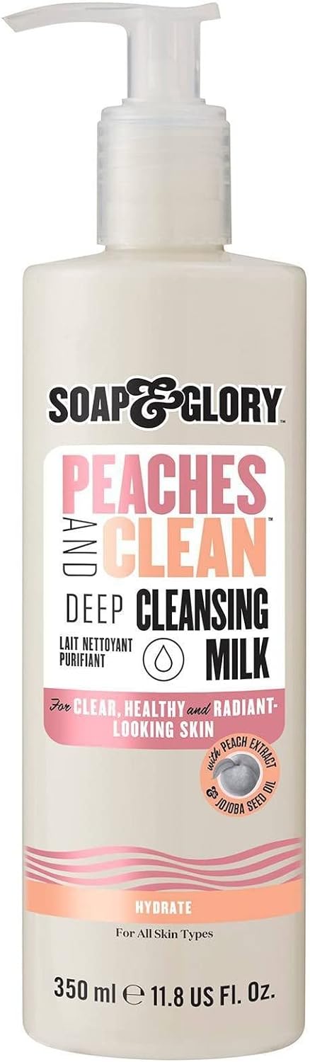 Soap & Glory Peaches & Clean Deep Cleansing Milk - 4 in 1 Milk Cleanser & Makeup Remover with Peach Extract, Ginseng & Jojoba Oil - Hydrating Facial Cleanser for Clarified & Energized Skin (350ml)