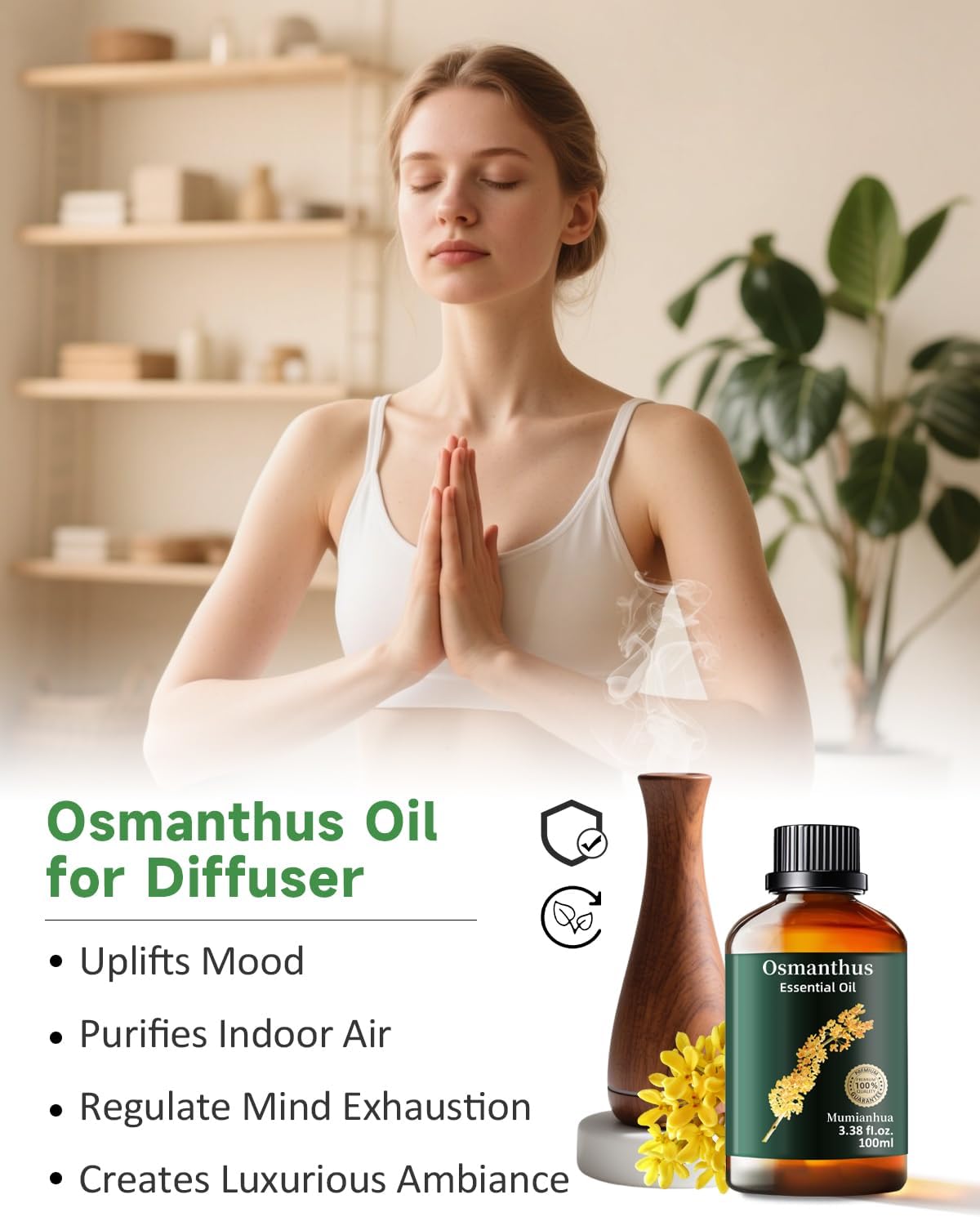 Mumianhua Osmanthus Essential Oil 100% Pure- Floral Essence Osmanthus Oil for Diffuser, Skin Care & Air Purifier | Steam Distilled for Candle Making, Massage Blends & Home Fragrance 3.38 Fl Oz