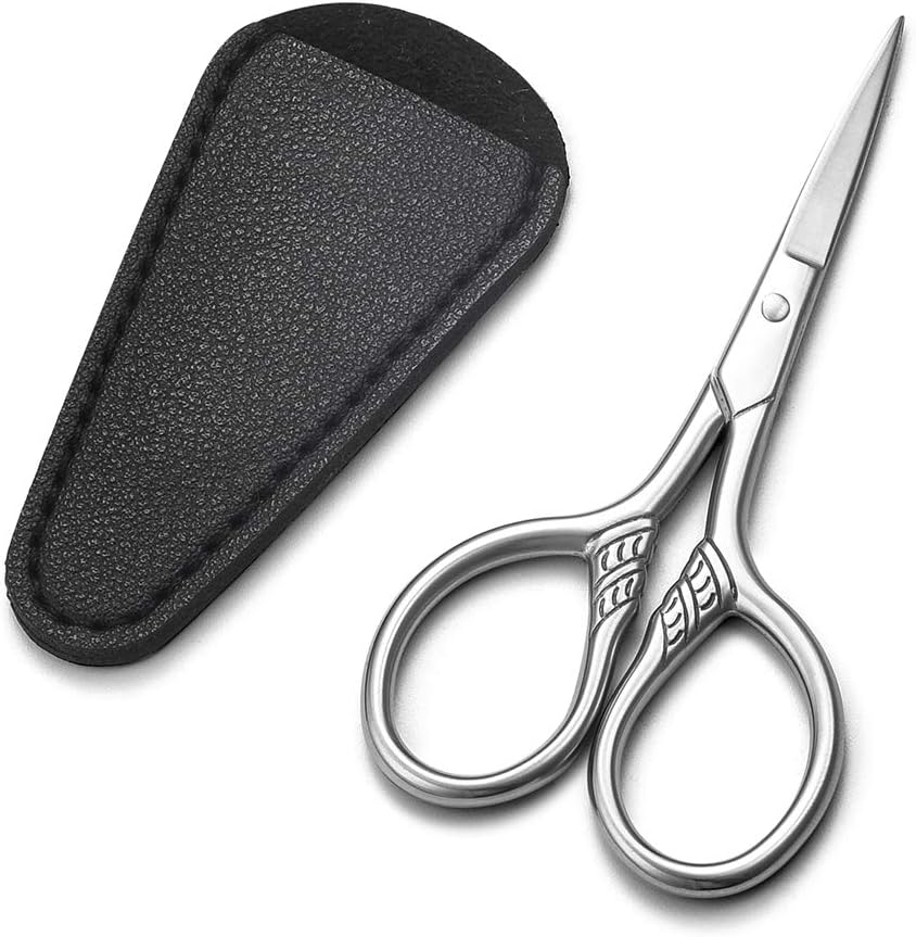 Small Precision Scissors, 3.5inch Stainless Steel Multi-Purpose Vintage Beauty Grooming Kit for Facial Hair, Eyebrow, Eyelash, Beard, Moustache with PU Sheath