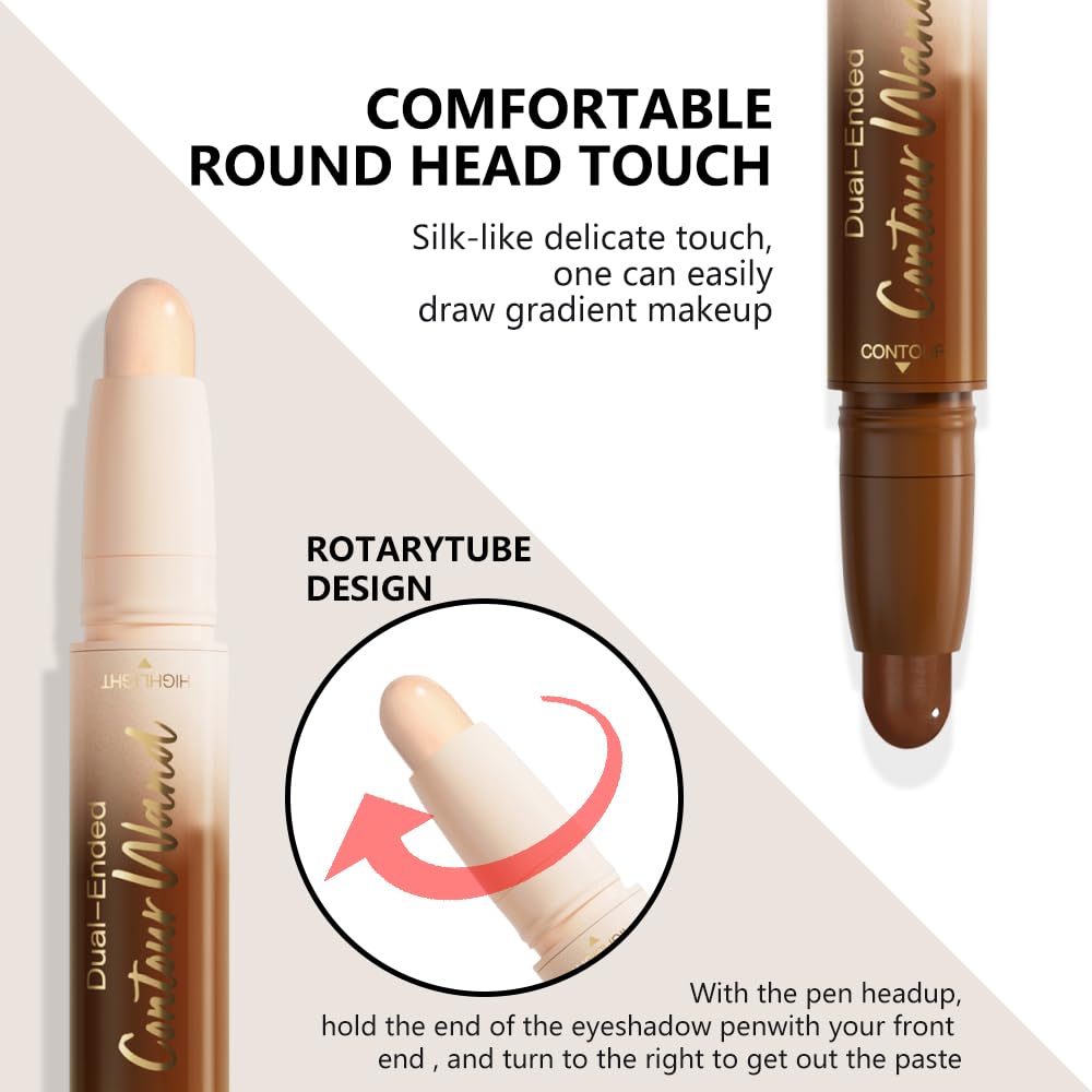 2Pcs Cream Contour Stick Face Body Makeup Dual Ended, Nude Light Beige & Nude Brown no Transfer Waterproof 2 in 1 Cream Concealer Stick Contouring Makeup Set, Nose Contour Bronzer Sticks Highlighter