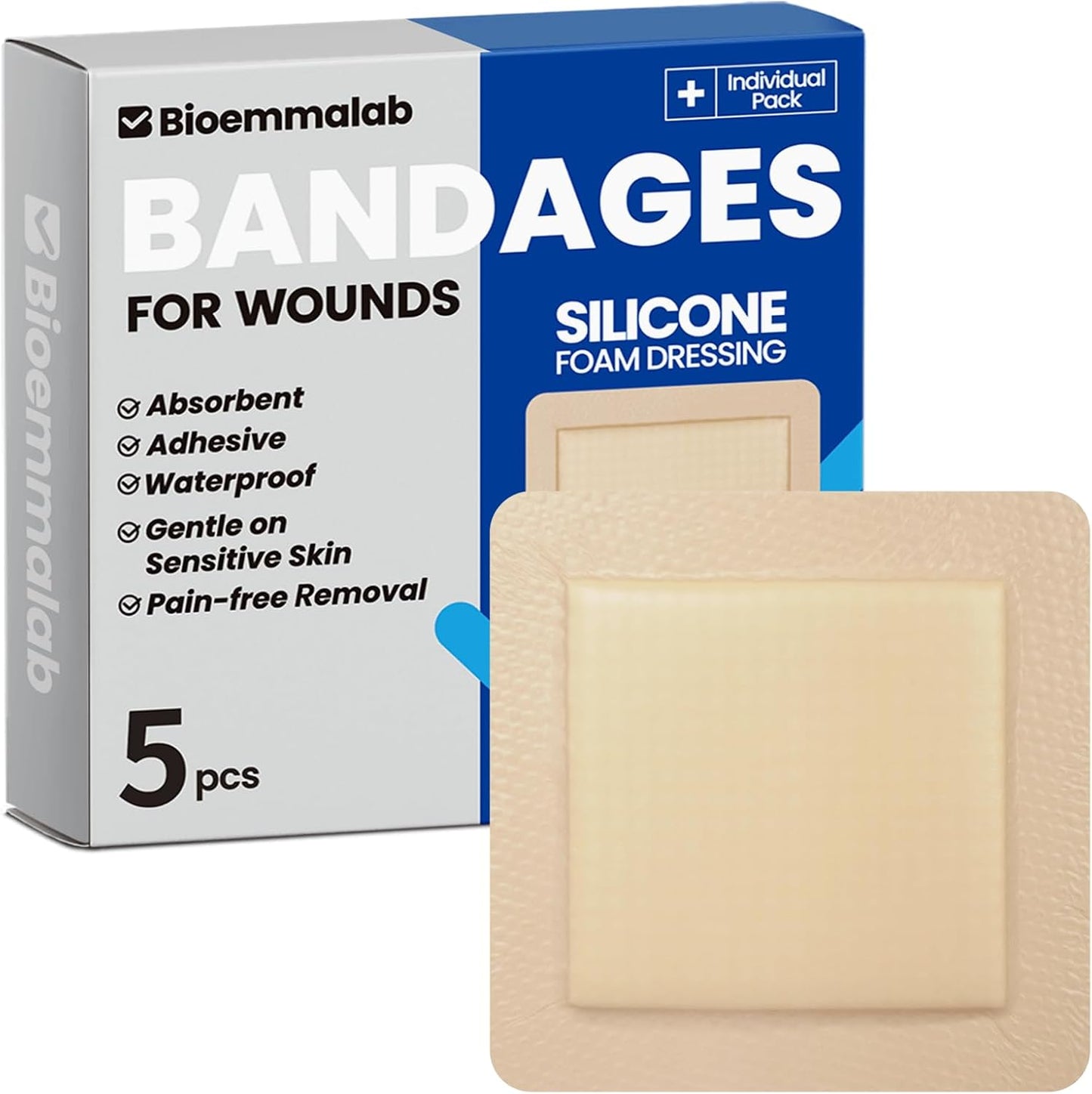 Large Waterproof Bandages 6x6 Silicone Foam Dressing for Sensitive Skin Wound Care, Adhesive Cohesive Pad with Border for First Aid, Post Surgical and Burn, Pressure, Scar Healing (5 PCS)