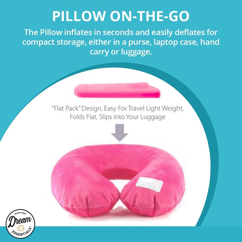 Inflatable Travel Neck Pillow, U-Shape with Washable Soft Cover (Pink)