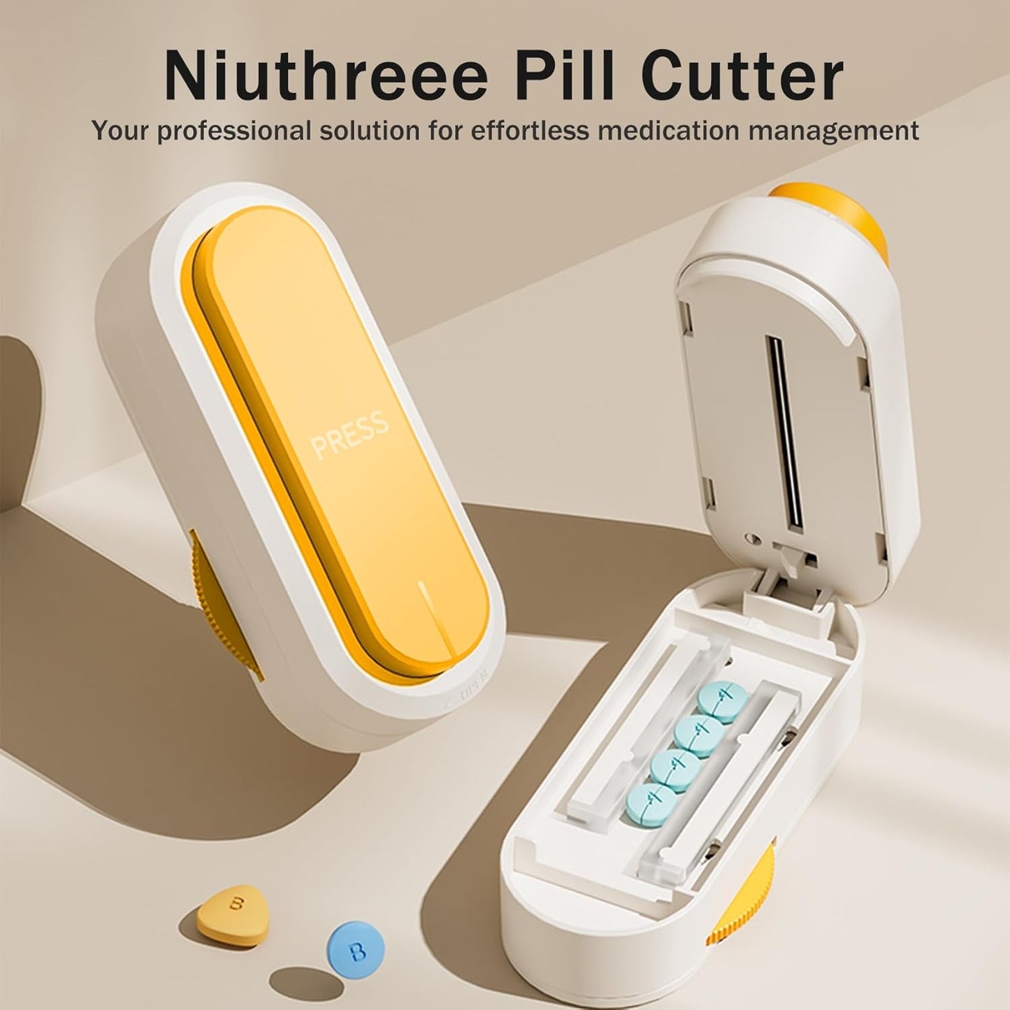 Multiple Pill Cutter - Pill Cutter Splitter for Small Tiny Large Pills Professional | Vertical Press-Down Cutting & Adjustable | Sturdy Blade & Guard | Includes Cleaning Brush (Orange)