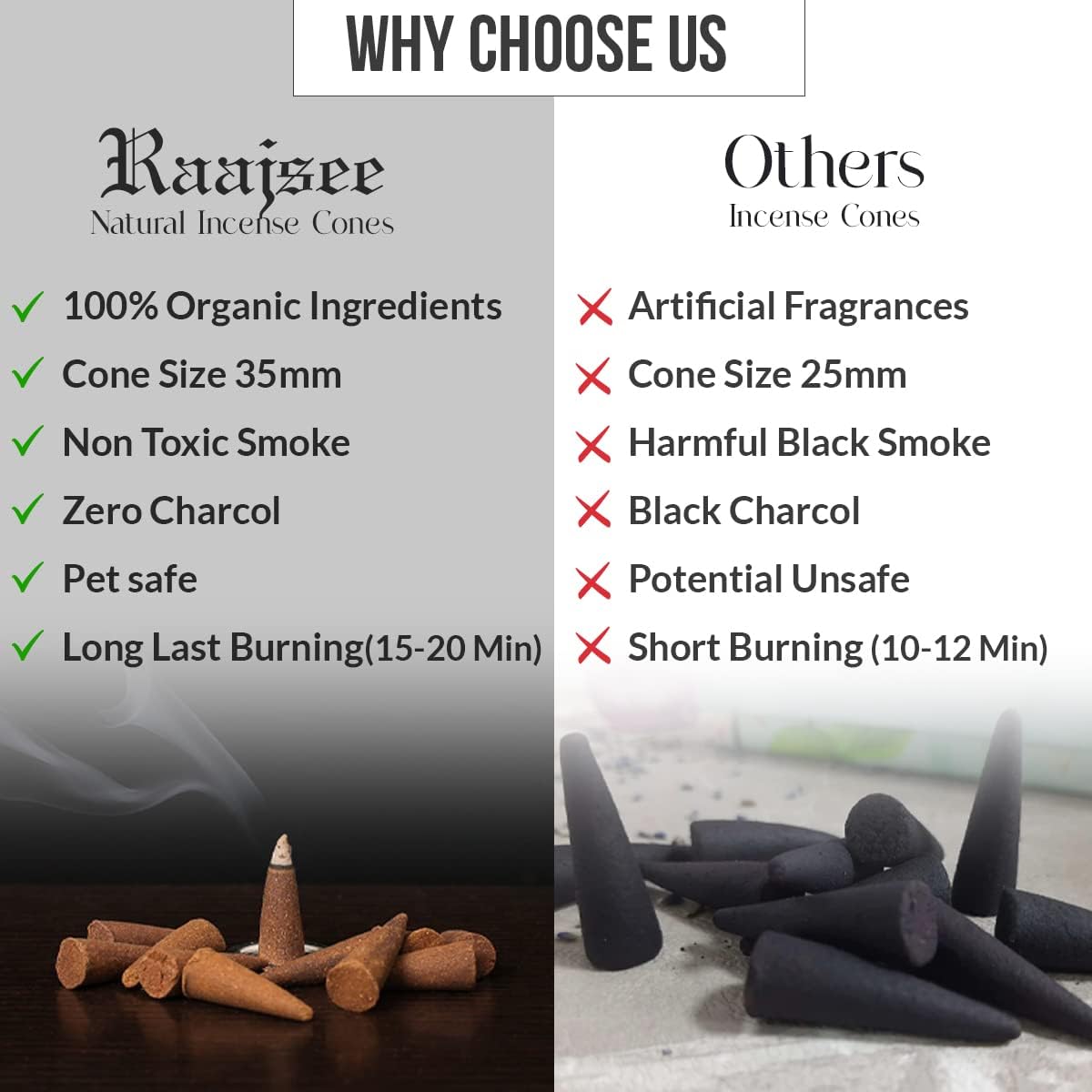 Raajsee Natural Incense Cones,6 Pack Mixed Scents Gift Pack 15 pc Each (90 Total), Insense Cones Variety Pack, 100% Organic Non Toxic Natural - Hand Rolled Free from Chemicals (Pack 1)