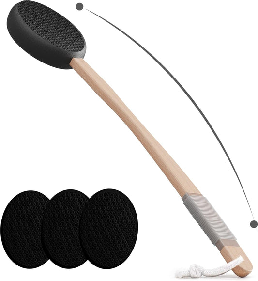 Back Lotion Applicator with 4 Replaceable Pads, Lotion Applicator for Back Self Elderly, Women, Cream Medicine Applicator with 17" Curved Handle Easy to Target Back and Feet, Black