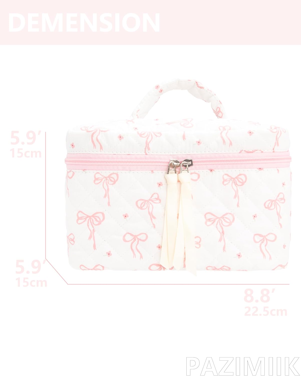 Quilted Makeup Bag Large Travel Zipper Soft Cosmetic Case for Women Girls Make Up,Bow Pink