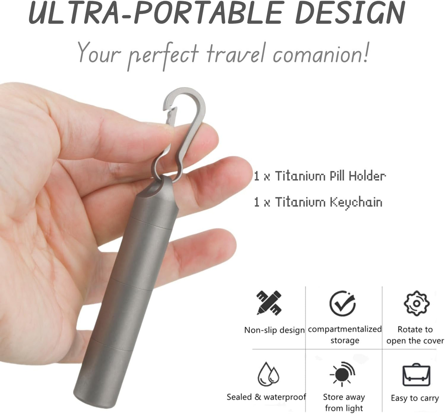 Titanium Keychain Pill Holder - Compact, Durable, and Waterproof 3-Compartment Small Pill Case - Portable and Versatile Medicine Container for Everyday Use and Travel (Titanium Grey)