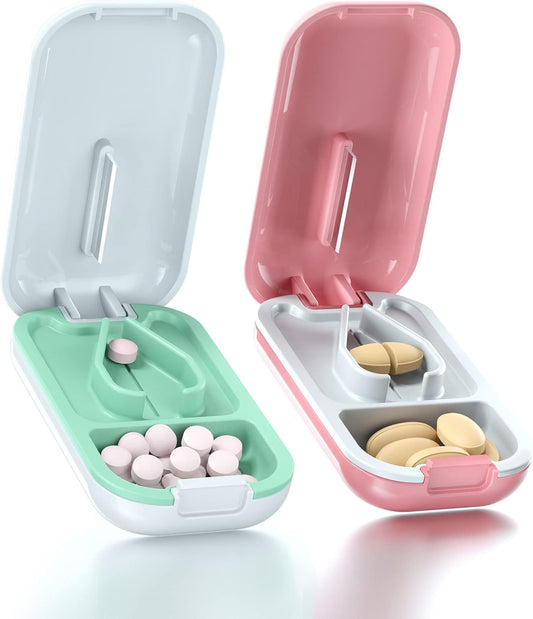 DUBSTAR Small Pill Cutter, Pill Cutter Splitter for Small and Tiny Pills, Portable Pretty Pill Cutters for Large Pills, Cuts Vitamins Tablets for Purse Pocket (2 PCS Pill Cutters, White+Pink)