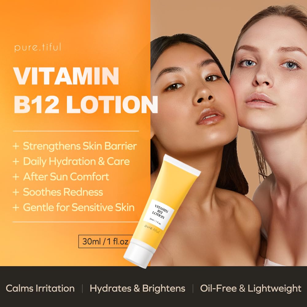 Puretiful Vitamin B12 Lotion (1 oz) | Repair & Hydrating Cream for All Ages （teen & adult)| Soothes Redness, After-Sun Skin Relief, Strengthens Barrier, Sensitive Skin Safe
