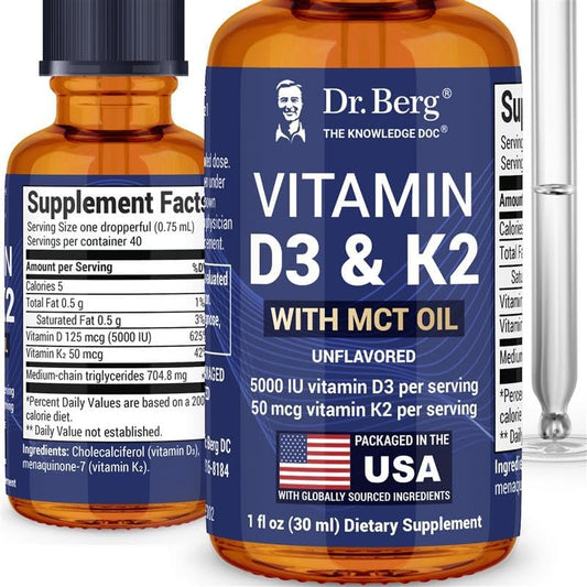 Dr. Berg Maximum Strength Vitamin D3 K2 Liquid Drops with MCT Oil – 5,000 IU Liquid Vitamin D3 with K2 – Supports Strong Bones, Heart, Energy, Immunity, and Overall Vitality* - Unflavored 1 Fl Oz