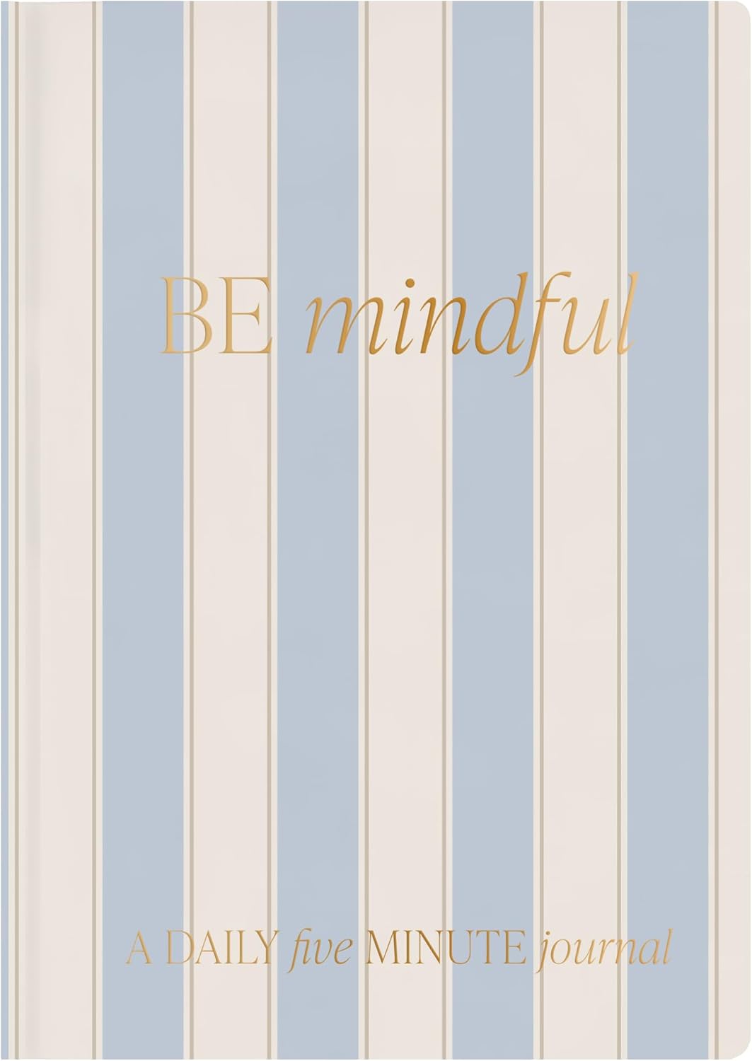 Sweet Water Decor Be Mindful Daily Journal, Cute Prompted Notebook for Women, 200 Ruled Pages for Morning & Evening Reflection, Stripe Matte Laminate Hardcover Diary with Gold Foil Details