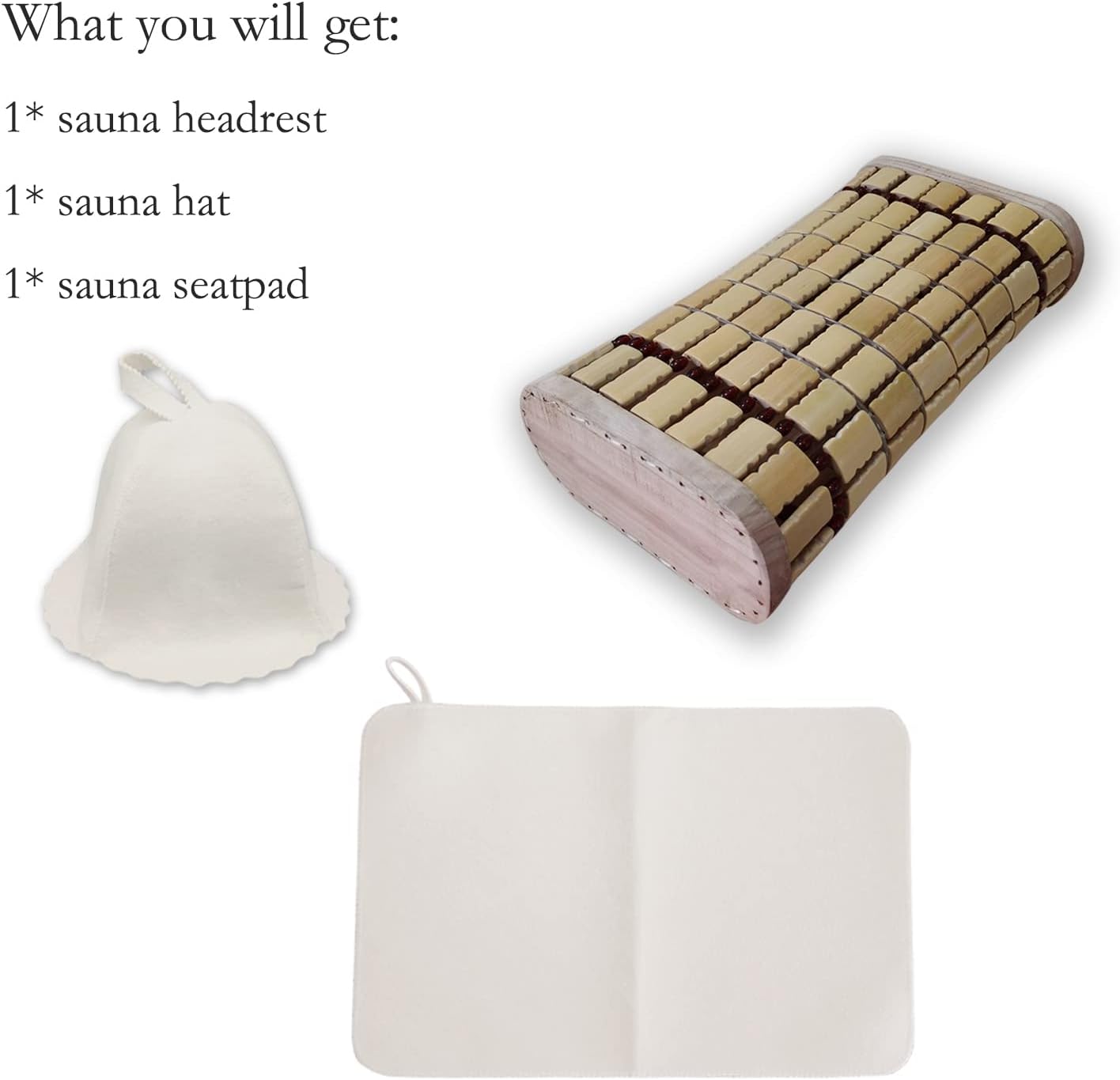 Bamboo Sauna Headrest Pillow, 100% Natural Handmade Wood Sauna Pillow Sauna Neck Rest Sauna Accessory, Bonus Sauna Cap and Seat Pad Included, Summer Cool Cervical Spine Pillow (1 Set)