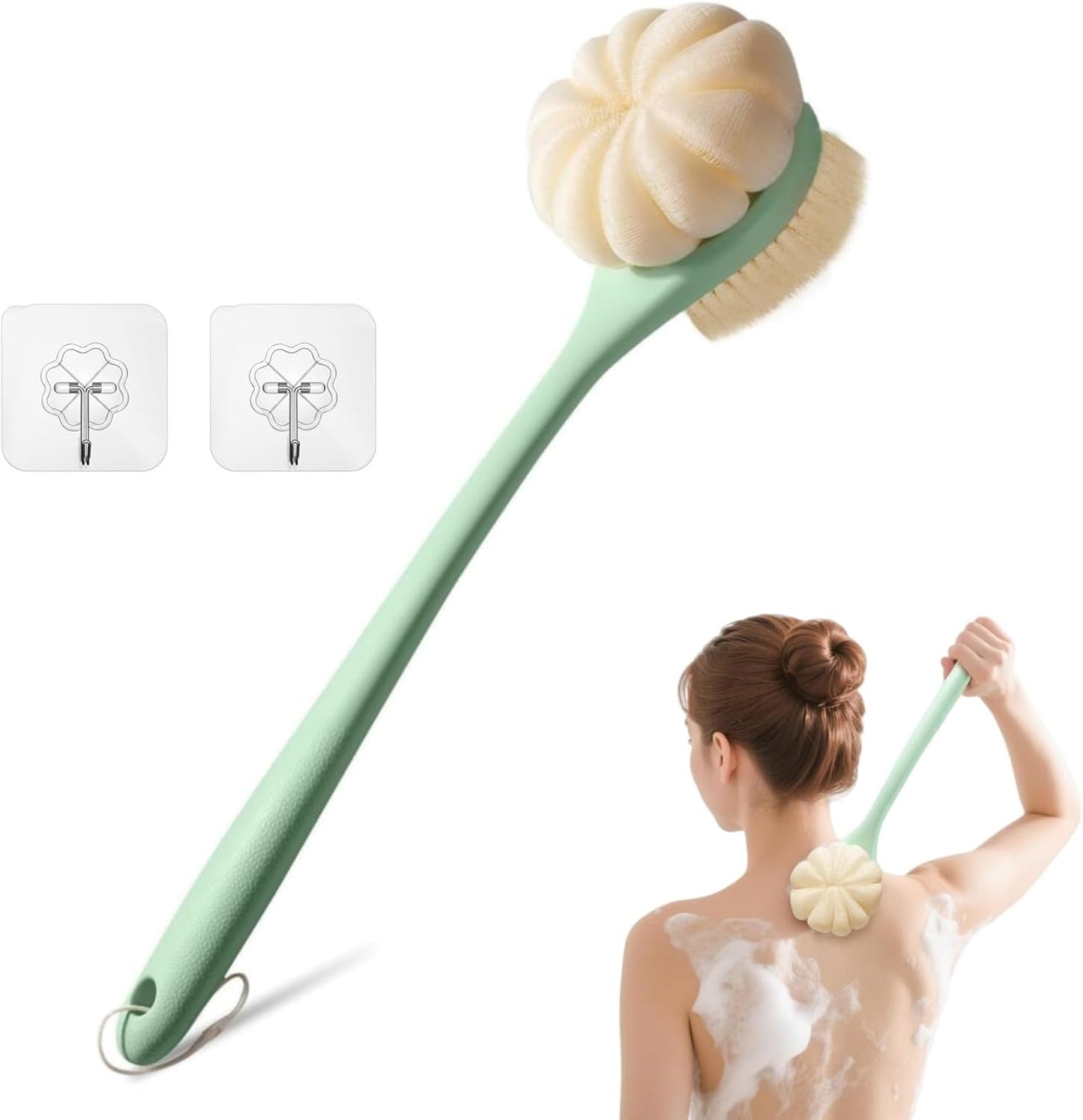 Back Scrubber for Shower, 15.7" Loofah with Handle, Back Shower Brush with Bristles and Loofah, Dry Brushing Body Brush for Cleanse Back and Hard to Reach Areas with Curved Long Handle