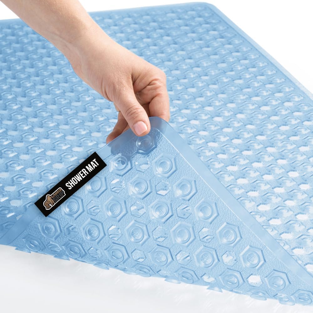 GORILLA GRIP Patented Bath Tub Shower Mat, Machine Washable Bathtub Floor Liner Mats, Suction Cups and Drain Holes to Keep Tubs Clean, Soft on Feet, Bathroom Essentials, 35x16 Inch, Clear Blue