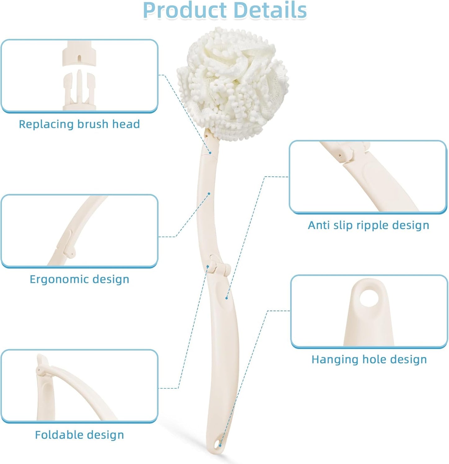 Loofah Sponge with Handle,Back Scrubber Brush for Shower, Lotion Applicator for Back,3 in 1 Shower Kit (White loofah)