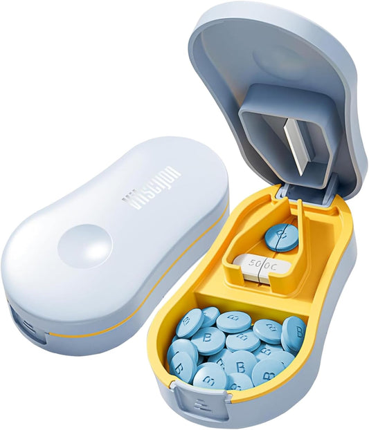 Pill Cutter Splitter for Small and Tiny Pills - Professional Pill Cutter for Small or Large Pills | Wrap-Around Blade Guard | Detachable Nonslip V-Shaped Pad | Easy Open | Back Storage, Cyan (Blue)