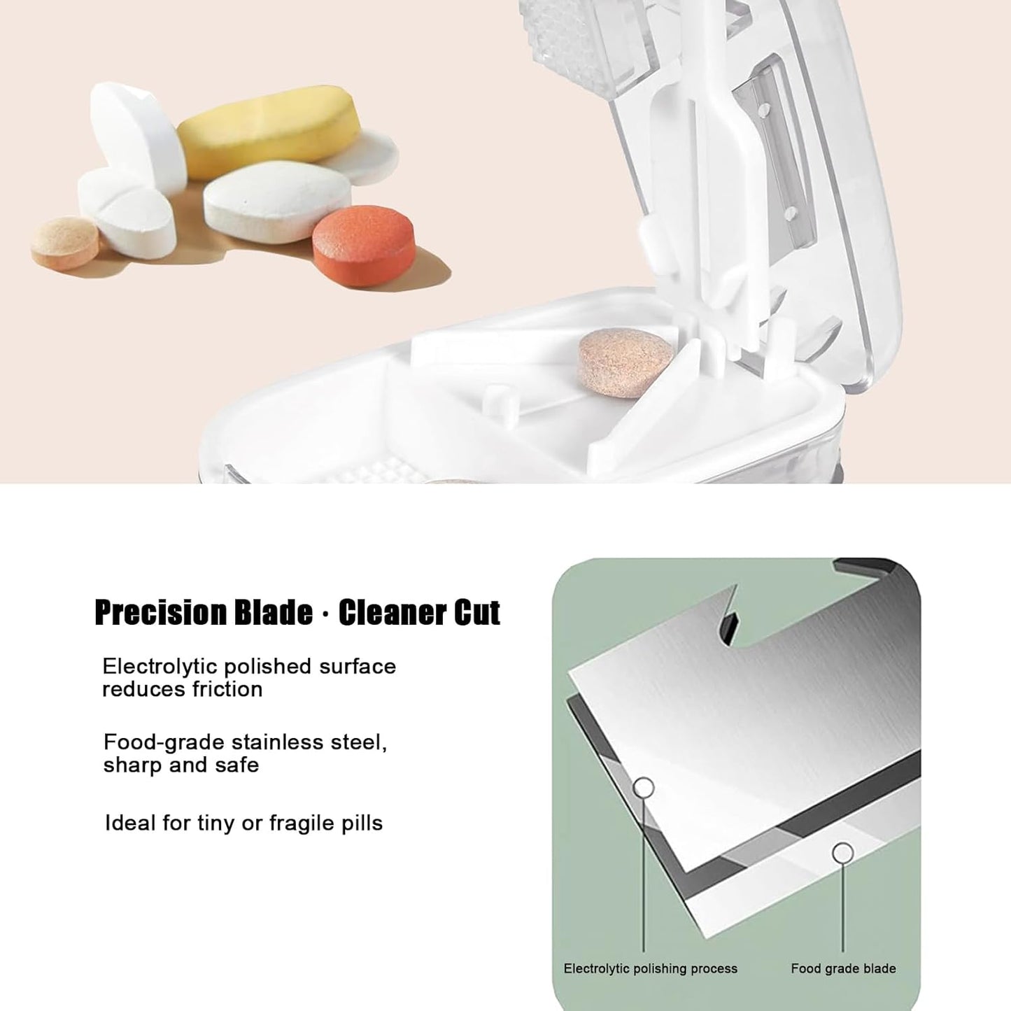 Clear Pill Cutter & Crusher – Precision Tablet Splitter with Safety Blade Guard, Pill Storage and Built-in Cleaning Brush – for Small and Large Pills, Travel Ready (Transparent White)