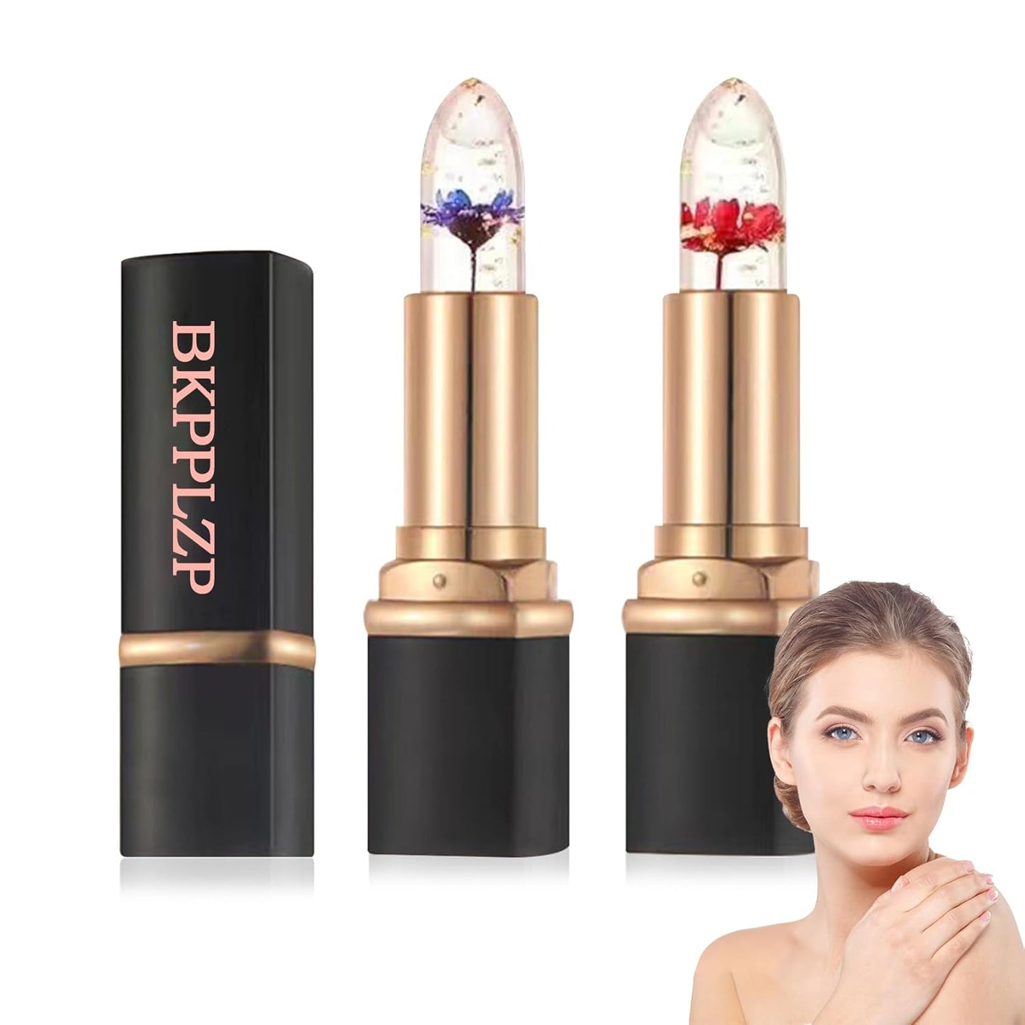 2 Pack Crystal Flower Jelly Lipstick,Magic Color Changing Lipstick,PH Clear Temperature Color Changing Lip Gloss,Lip Balm,Long Lasting Nourishing Moisturizing Lip Stick Set X02+03