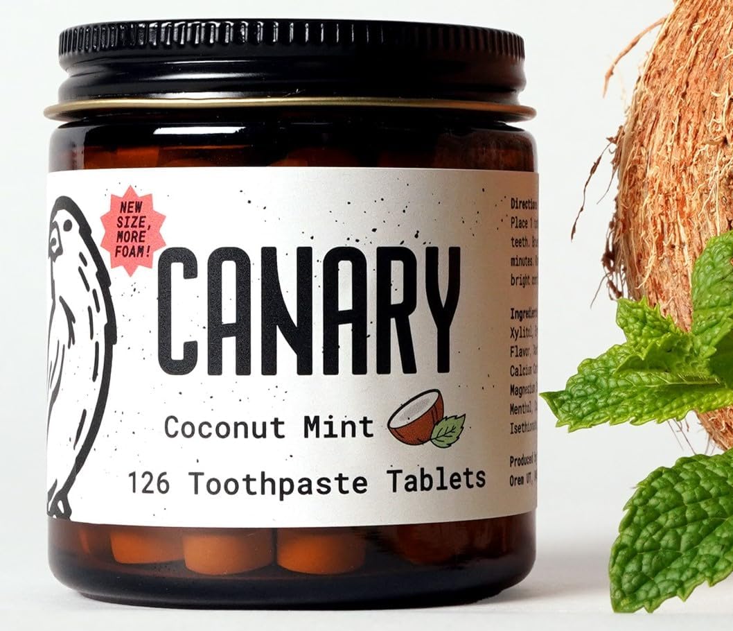 Canary Nano Hydroxyapatite Toothpaste Tablets Coconut Mint - Remineralizing, Fluoride Free, All Natural Tabs with Xylitol - Great for Travel, Plastic Free - 126 Count Jar