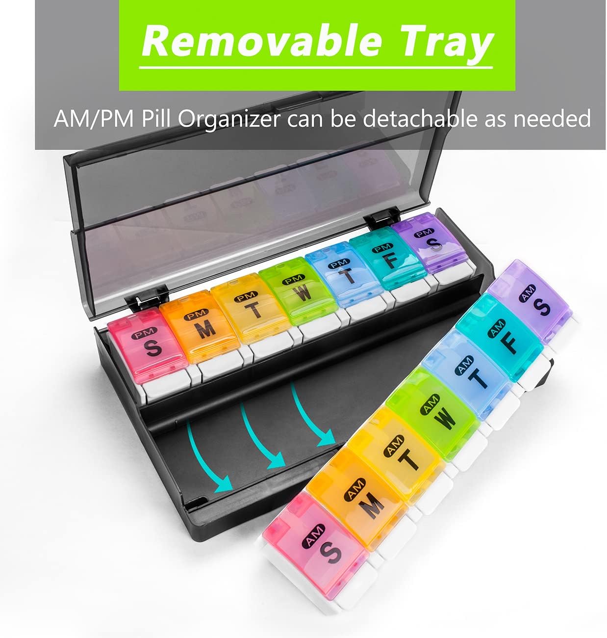 Extra Large Weekly Pill Organizer 2 Times a Day - Remtise Am/Pm Daily Pill Case Medicine Organizer, Push Button 7 Day Pill Box for Pills/Vitamin/Cod Liver Oil/Supplements (Rainbow)