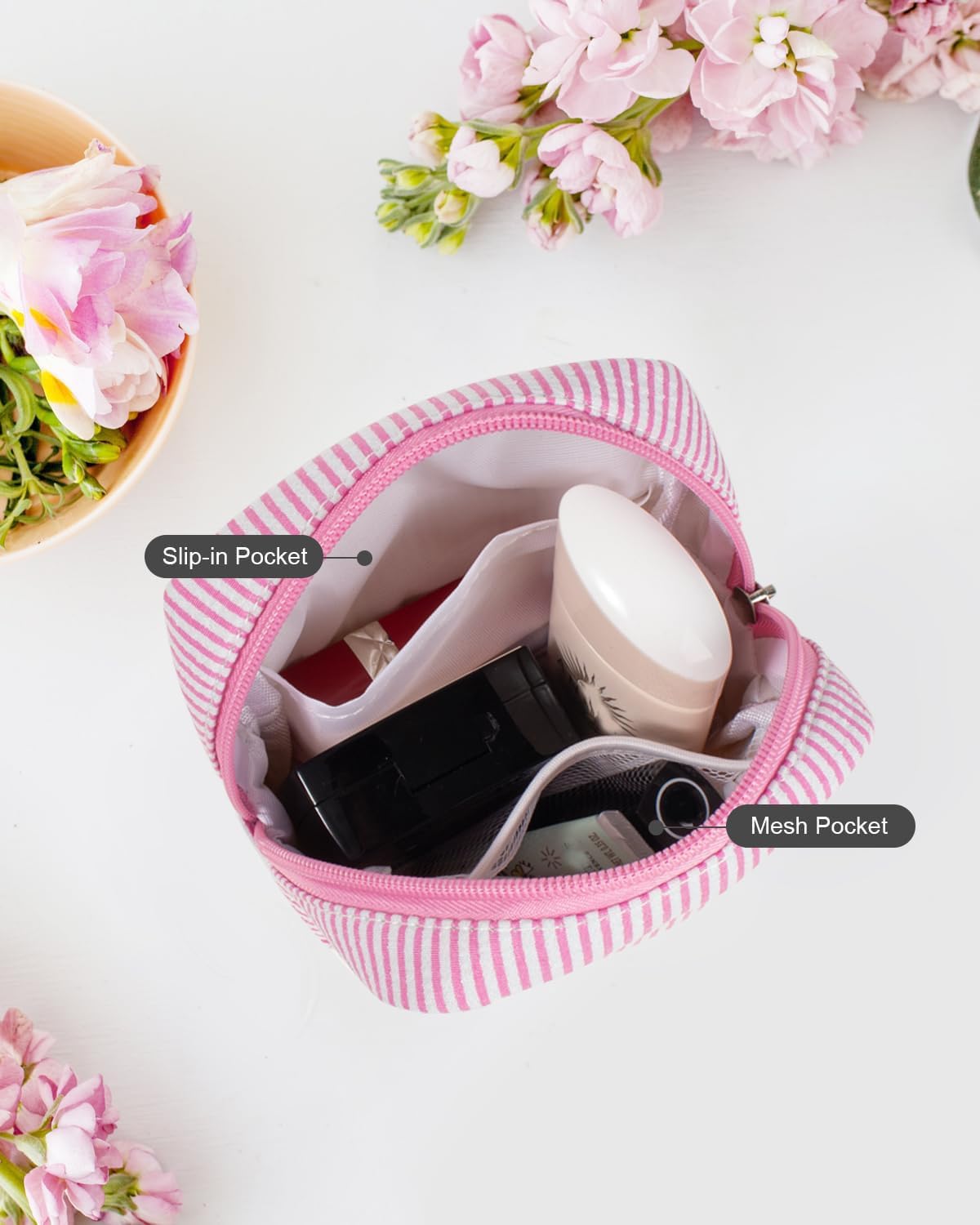 Mini Makeup Bag, Small Makeup Pouches for Purse Cute Cosmetics Bag Pouch with Slip-in Pockets Small Travel Toiletry Bag Makeup Storage Bag Lipstick Organizer Purse Essentials (Mini Pink)