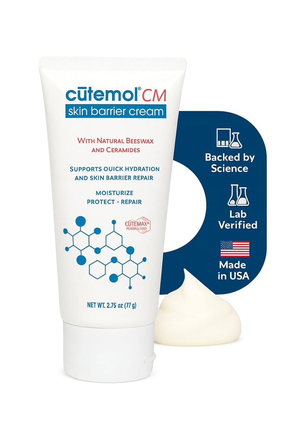 Cutemol CM Emollient Cream - Natural Beeswax & Ceramides for Dry, Damaged Skin (2.75 oz)