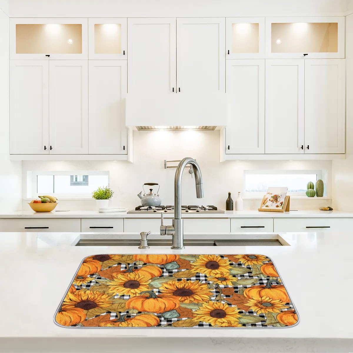 Hexteria Dish Drying Mat for Kitchen Counter Absorbent Microfiber Kitchen Drying Mat Summer Pumpkin and Sunflower Dish Drainer Rack Mat Heat Resistant 16 x 18