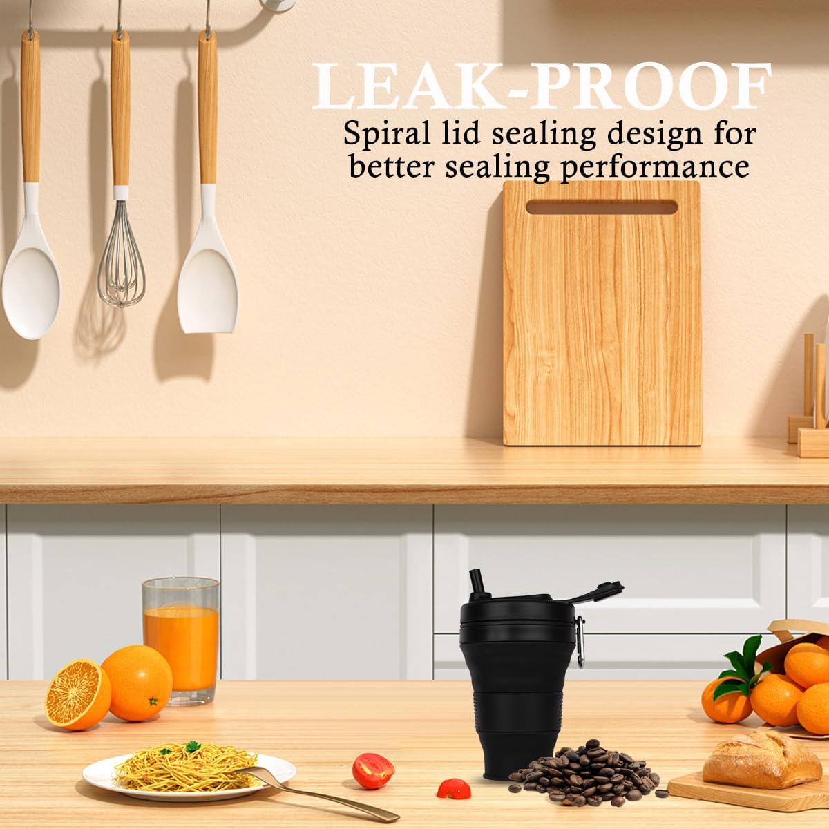 Silicone Coffee Cup with Straw lid Collapsible Cups for Traveling 20oz Lightweight Folding Water Mug for Picnic Hicking Camping Climbing (Black)