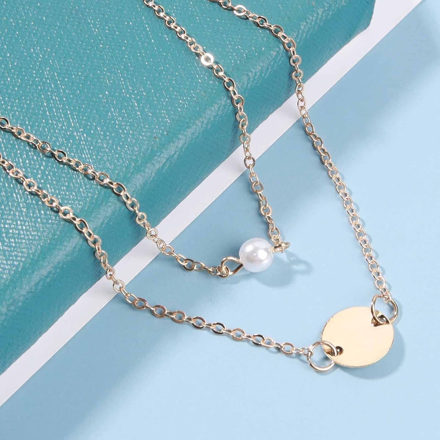 Boho Layered Pearl Necklace Choker Gold Coin Disc Necklace Tiny Pearl Pendant Necklace Chain Vintage Layering Round Circle Necklace Jewelry for Women and Girls