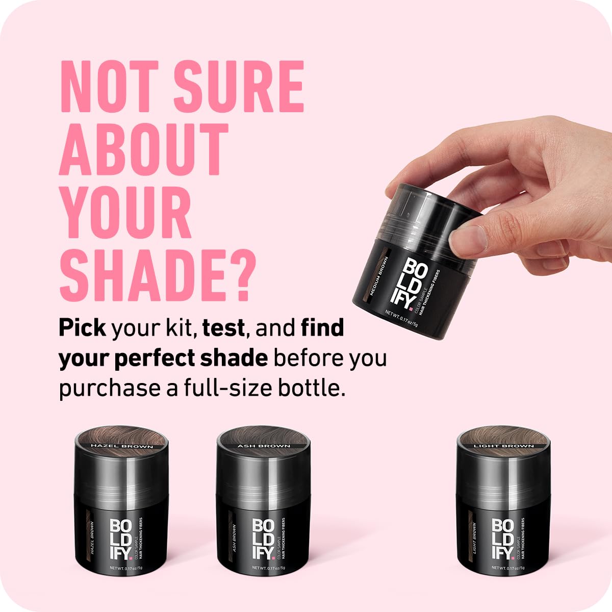 Boldify Hair Fibers Color Sample Kit - Fill In Thinning and Fine Hair for an Instantly Fuller, Thicker Look - 14 Shades for Women & Men - Light + Medium Browns