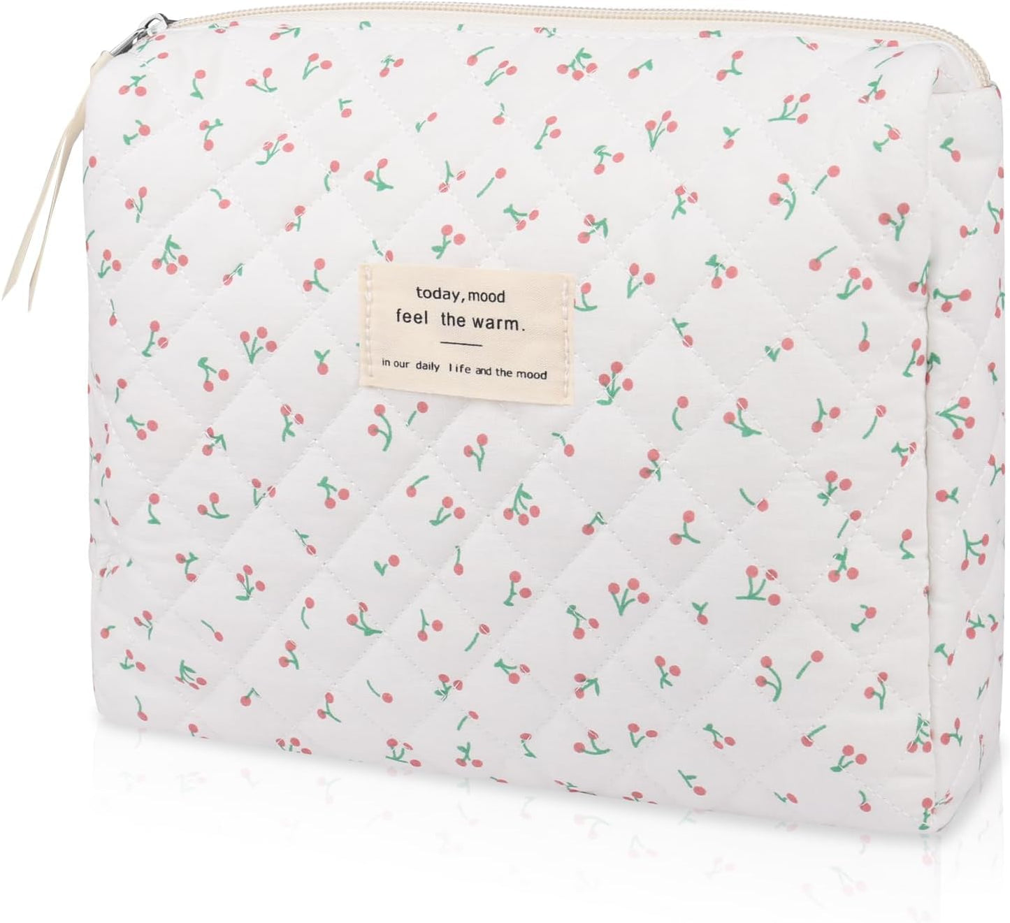 Floral Makeup Bag, Small Cosmetic Bag for Women Girls, Cute Cotton Makeup Bag, Quilted Makeup Bags, Flower Travel Toiletry Organizer Bag(White Cherry)