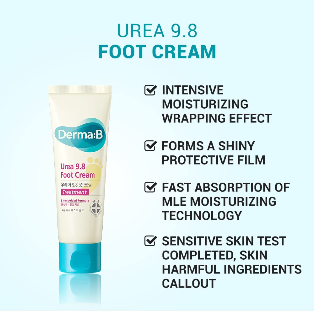 Derma B | Urea 9.8% Foot Cream | Foot Lotion for Dry Cracked Heel Treatment | Camellia Oil, Urea Cream for Feet | Hypoallergenic Leg Cream for Sensitive Skin | Woody Scent Foot Care | 2.7 fl oz (80ml)