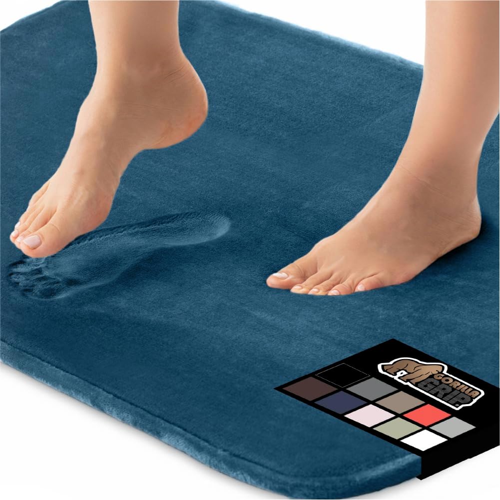 GORILLA GRIP Memory Foam Bath Mat, Soft Absorbent Velvet Bathroom Mats, Durable Dots on Underside, Machine Washable Bathmat, Carpet Rug Room Decor for Shower Tub Floor RV, 42x24 Rugs, Blue