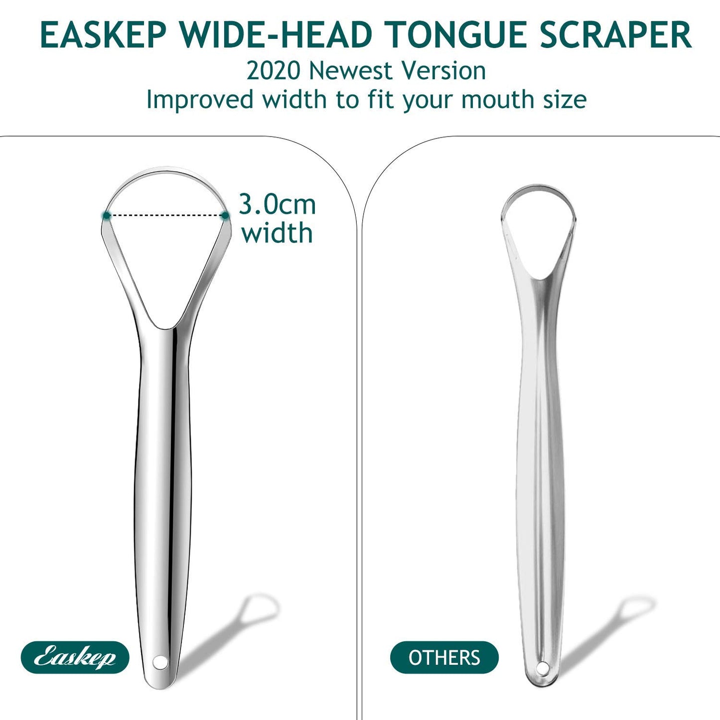 Tongue Scraper (2 Pack), Wide-head Tongue Cleaner with Nice Carrying Box, Easkep 100% Stainless Steel Tongue Scrapers Cleaners, for Men, Women, Adults, Kids，Silver