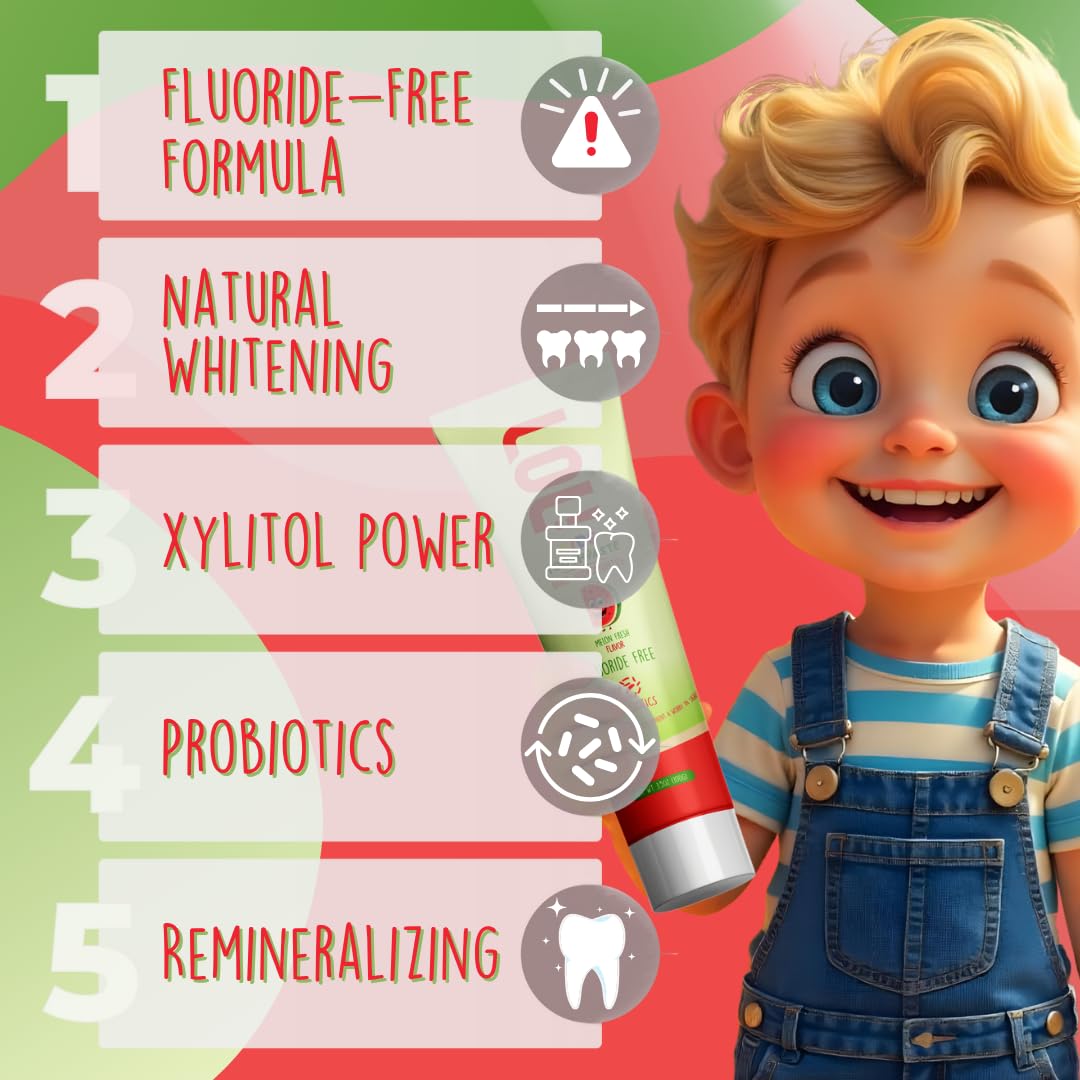 LOL Kids Toothpaste No Fluoride, Nano Hydroxyapatite Toothpaste, Probiotics, Xylitol Tooth Paste Kids | Remineralizing | Natural | Plant-Based Foam | Pasta De Dientes para Niños (Watermelon)