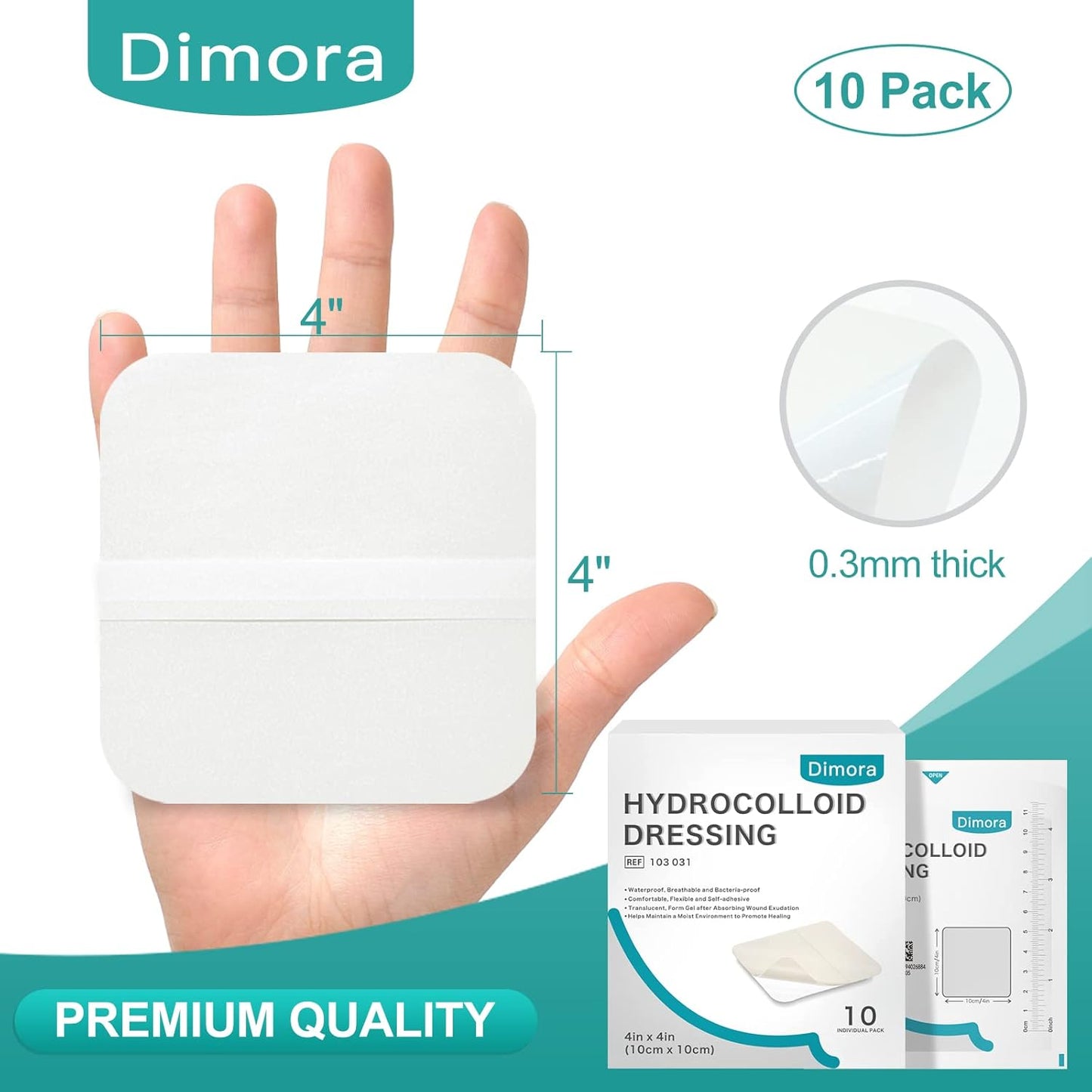 Dimora Hydrocolloid Wound Dressing, 10 Pcs Ultra Thin 4" x 4" Large Patch Bandages with Self-Adhesive, Fast Healing for Bedsore, Burn, Blister, Acne Care, Sterile and Waterproof