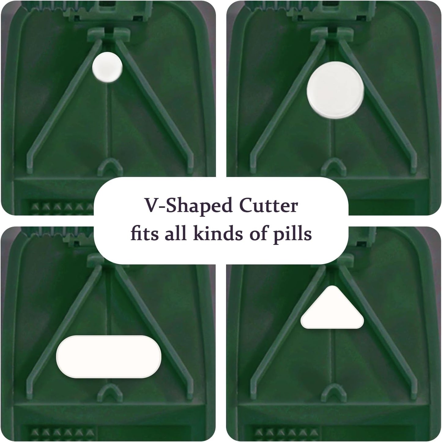 Pill Cutter Splitter for Small and Tiny Pills, or Large Pills. V-Shaped Design for Multiple Sizes. Safety Blade Guard. Loss-Proof Built-in Small Brush & Sliding Door Pill Storage (Green)