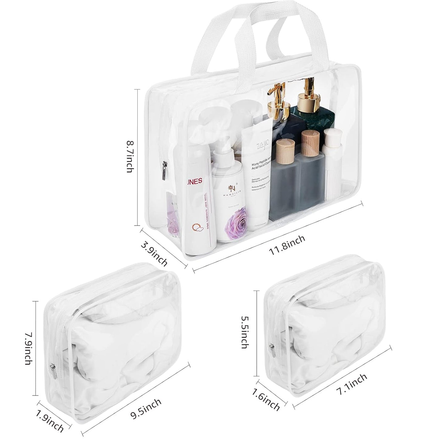4Pcs Crystal Clear PVC Travel Toiletry Bag Kit for Women Men, Waterproof Vinyl Packing Organizer Storage Bags with Zipper Handle Straps, Cosmetic Pouch Carry on Airport Airline Compliant Bag Handbag