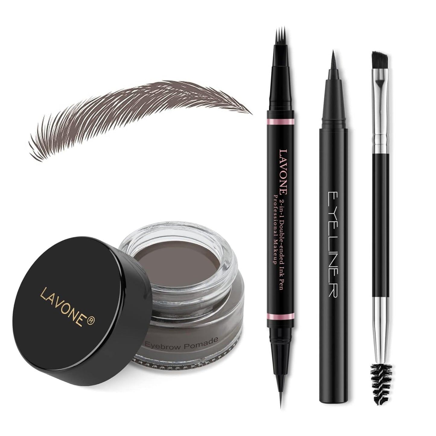 LAVONE Eyebrow Pencil Makeup Kit, with Waterproof 2-IN-1 Microblading Eyebrow Pen, Eyebrow Pomade, Eyeliner and Dual-ended Eyebrow Brush, Brow Pencil Kit for Natural Eyebrows - Ebony