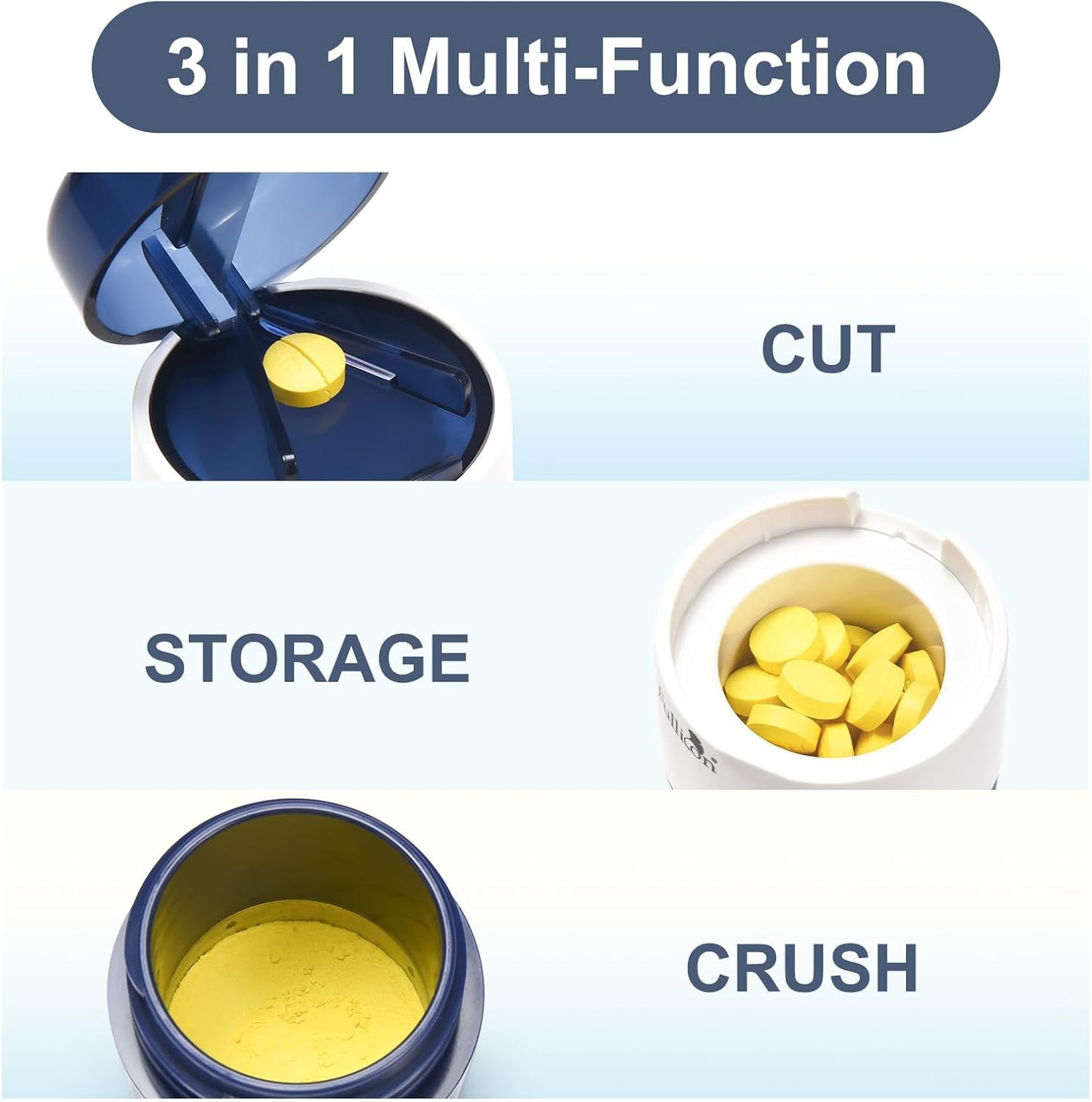 Fullicon 3 in 1 Pill Crusher Fine Powder with Stainless Steel Grinding Head, Pill Grinder for Elderly & Pet, Pill Cutter Splitter with Storage, Triturador de Pastillas with Free Brush (Indigo)