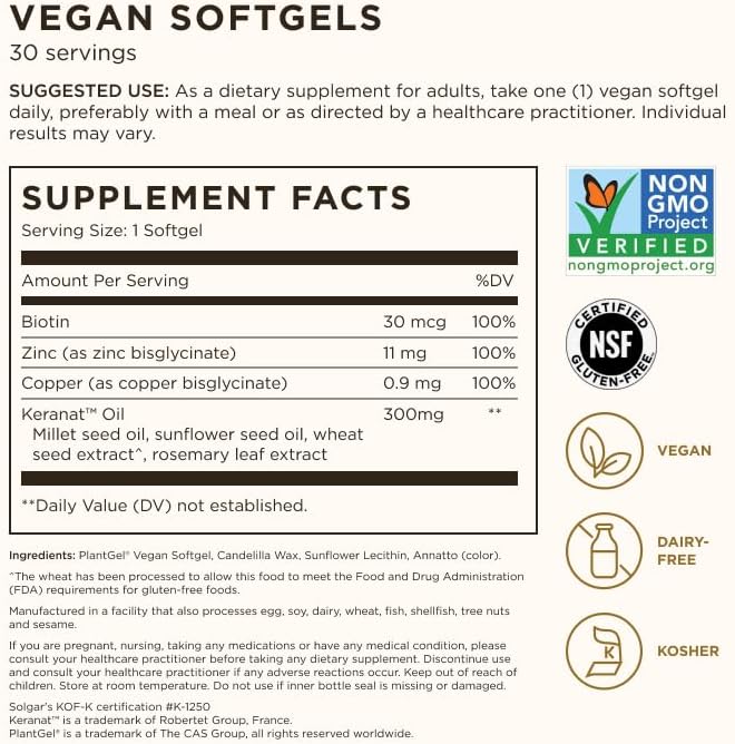 Solgar Hair Growth Supplement for Thicker Fuller Hair with Keranat Oil, Biotin, Zinc and Copper, Hair Health Supplement, Age-Defying Nutrition for Men and Women, 30 Servings