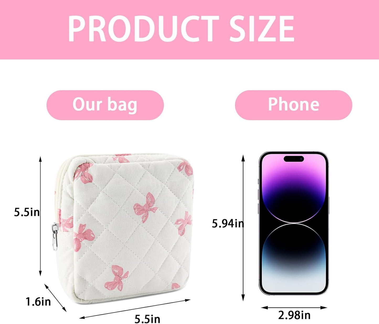Small Quilted Cotton Makeup Bag for Purse Mini Cosmetic Period Bag for Women Cute Pink Bow Makeup Sanitary Pouch Portable Travel Toiletry Bags with Zipper Slip in Pockets Birthday Gifts