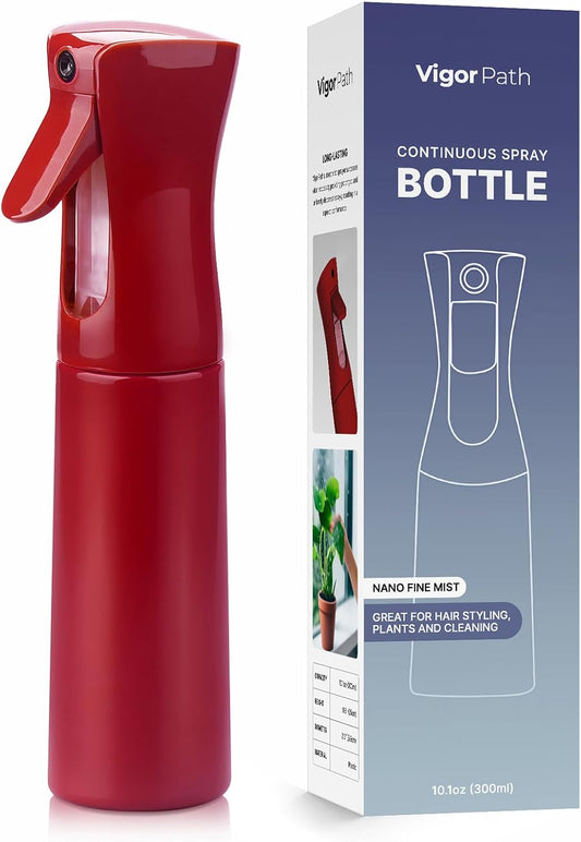 VIGOR PATH Continuous Spray Bottle with Ultra Fine Mist - Versatile Water Sprayer for Hair, Home Cleaning, Salons, Plants, Aromatherapy, and More - Empty Hair Spray Bottle - 300ml/10.1oz (Red)