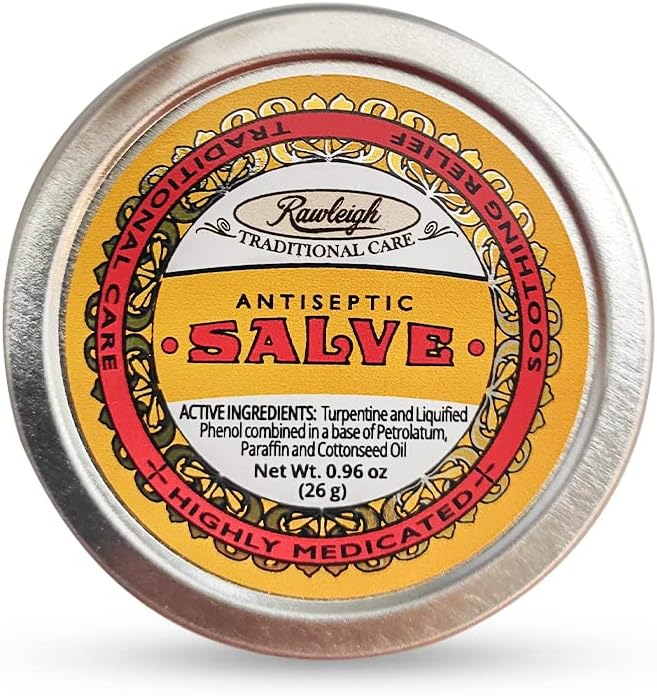 Rawleigh Antiseptic Yellow Salve Small Tin: 0.96 oz, Natural, Multi-Purpose Ointment Soothes Skin Cuts, Bruises, Irritations, with Turpentine, Phenol, Cottonseed Oil, Original Formula - Pack of 6