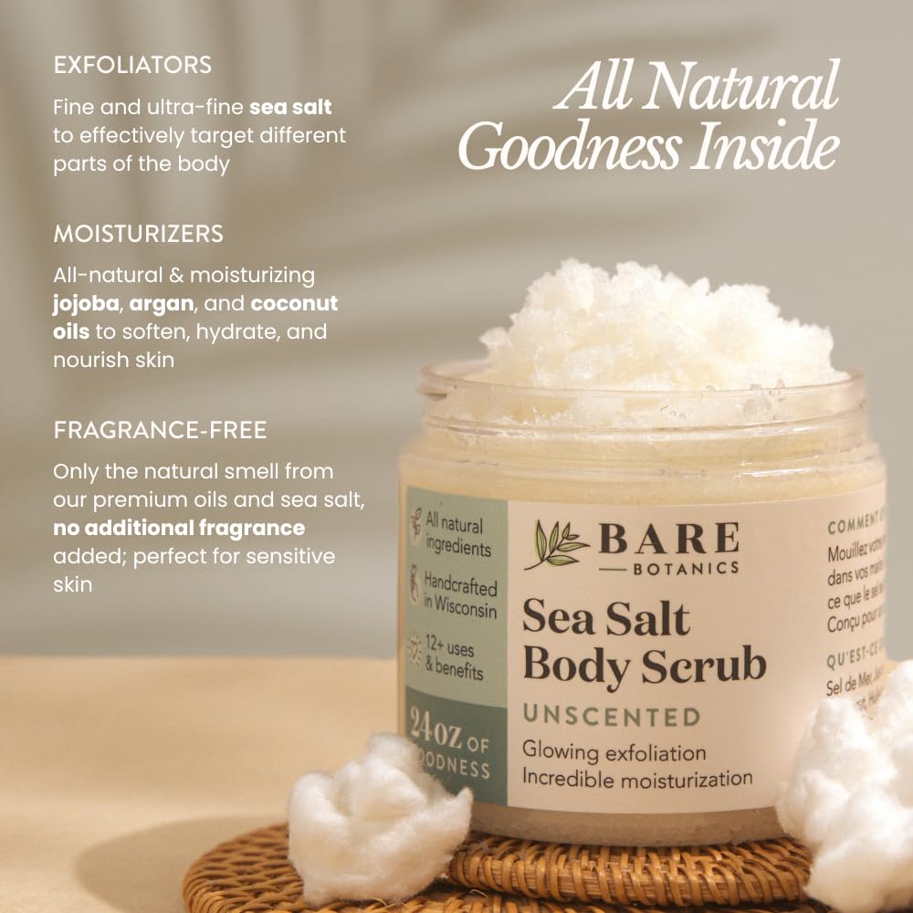 Bare Botanics Unscented Body Scrub 24 oz - Naturally Scented Sea Salt Scrub Made in Madison, WI - Formulated w/Skin Loving Moisturizers - Vegan, Cruelty Free Exfoliator w/a Cute Wooden Spoon